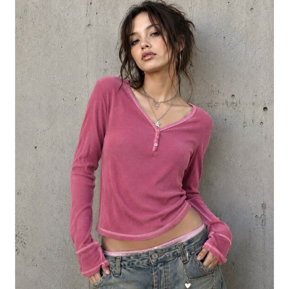 Y2K Womens Henley Waffle Knit Thermal Top Log Sleeve Size S Bella Swan Pink